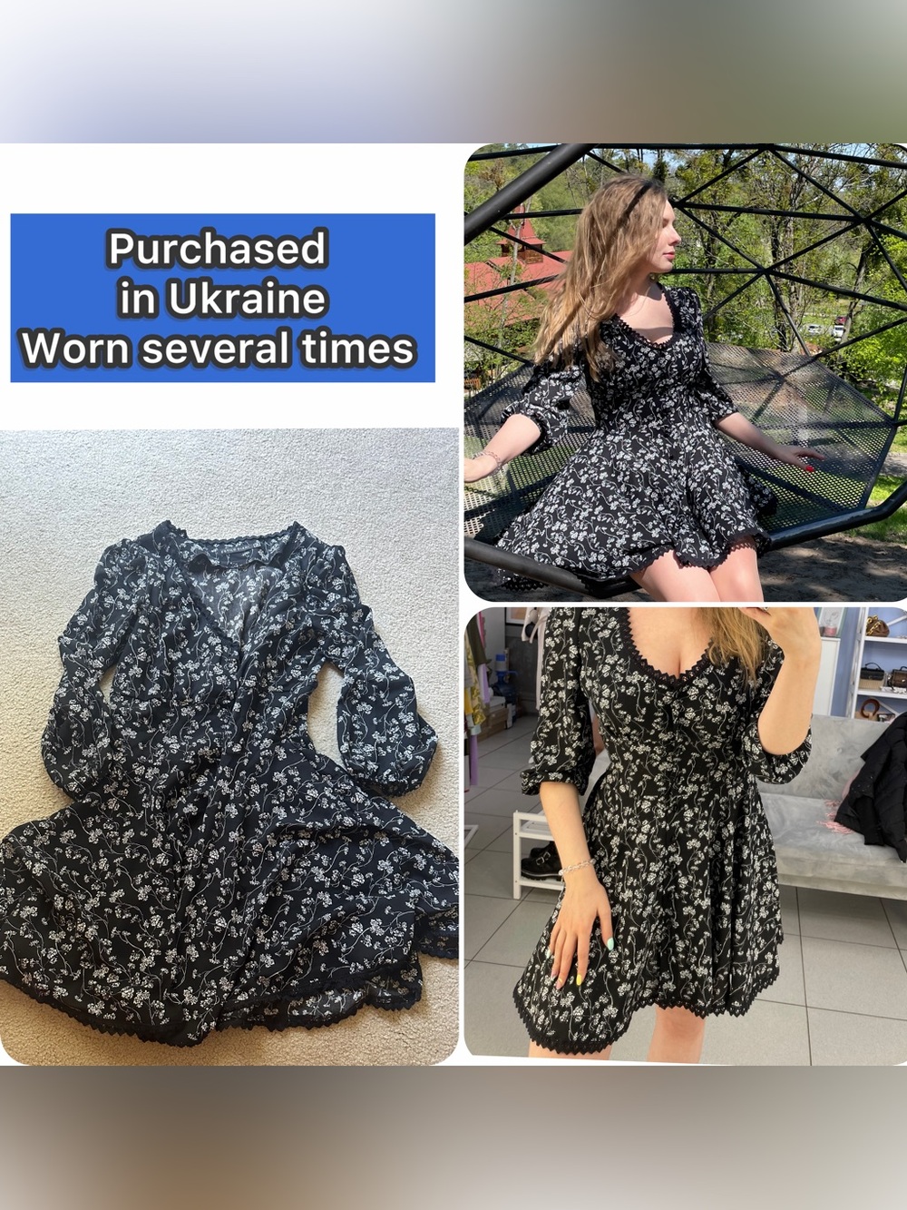 Black Floral Mini Dress with Lace Trim